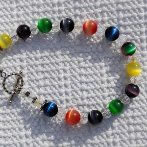 Vintage Sterling Silver Toggle Bracelet Multi-Color Cats Eye Beads  GORGEOUS